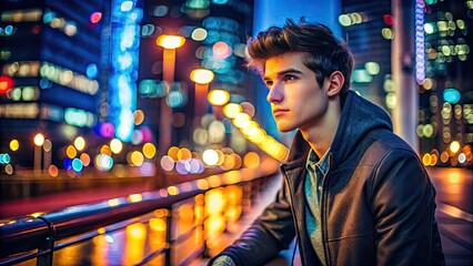 Fototapeta premium Young Man Enjoying Nighttime Recreation in Urban Environment with Dramatic Lighting and Mood