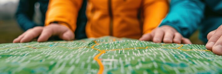 Close-up of hikers' hands examining a topographic map while planning their route during an outdoor adventure, emphasizing exploration and navigation.
