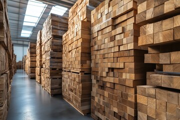 Long, tall stacks of cut wood filling a warehouse space, with smooth beams of various sizes