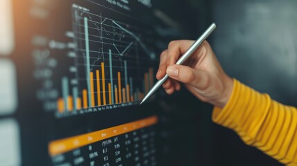 Close-up of a hand holding a pen pointing at a financial dashboard with bar charts, analyzing data for business insights and performance tracking.