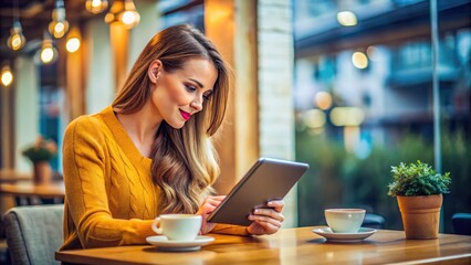 Young woman enjoying leisure time in coffee shop while reading an eBook on a digital tablet device