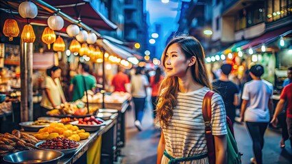 Fototapeta premium Young woman exploring vibrant night market, shopping for souvenirs and enjoying local street food