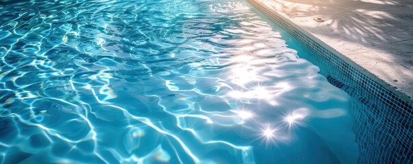 Serene blue water with shimmering reflections, capturing the tranquility of a refreshing swimming pool in the sunlight.