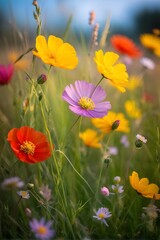 Fototapeta premium colorful wildflowers in a meadow with a soft breeze slightly moving the petals, creating a serene and lively atmosphere
