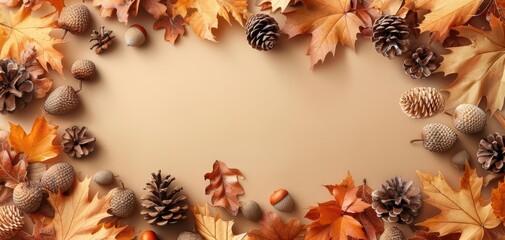 A beautiful autumn frame featuring colorful leaves, pinecones, and acorns, perfect for seasonal designs and nature themes.