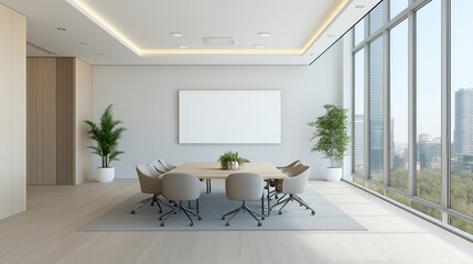 Fototapeta premium Creative spacious office meeting room with panoramic windows ans big city view,modern with spacious design, large table, stylish chairs,spacious coworking area, conference room, Airy,soft style.