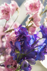 Obraz premium Beautiful bouquet of different colored defylphiniums close-up