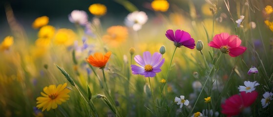 Fototapeta premium colorful wildflowers in a meadow with a soft breeze slightly moving the petals, creating a serene and lively atmosphere