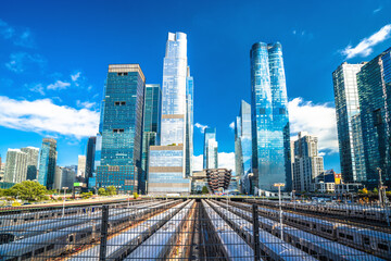 New York City Hudson Yards skyline development and subway yard view
