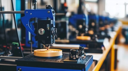 Fototapeta premium Desktop 3D printer creating a round object in a modern workshop with multiple machines during daylight hours
