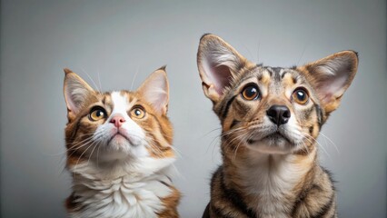 Fototapeta premium Cute dog and cat gazing up with curiosity in adorable pet portrait photo
