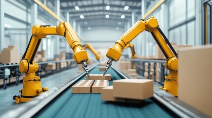 Automated robotic arms sorting boxes on a conveyor belt in a modern warehouse during daytime operations