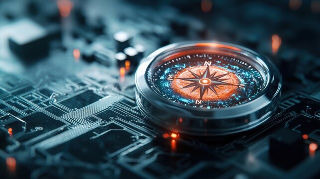 A luminous digital explorer with a pixel map and compass, representing new frontiers in digital exploration