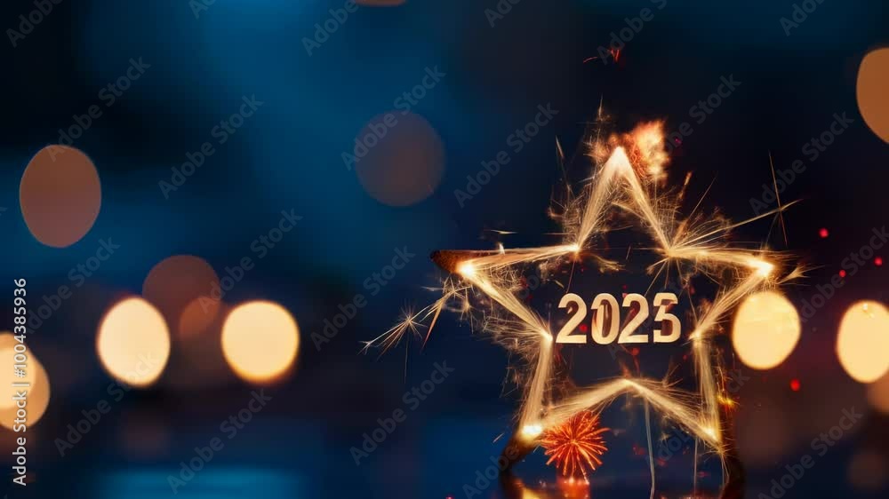 Poster Sparkling sparkler forms a radiant star with the number 2025, creating a festive symbol for the new year. The background shimmers with light, capturing holiday cheer and excitement