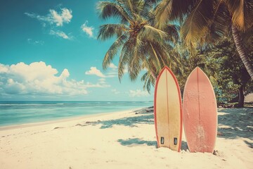 Vintage Surfboards on a Tropical Island Beach, AI generated illustration