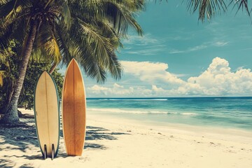 Vintage Surfboards on a Tropical Island Beach, AI generated illustration