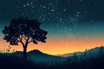 Naklejka premium Silhouette of a Tree Against a Starry Night Sky Over a Mountain Range