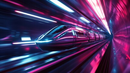 A high-speed train races through a brilliantly illuminated tunnel filled with neon lights, creating a dynamic and futuristic atmosphere at night