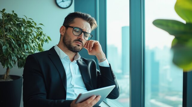 Exhausted Businessman with Tablet in Modern Office