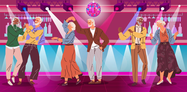 Old people dance at disco party. Grandmother and grandfather entertainment. Happy elderly couple man and woman holding hands demonstrate dance movement on discotheque. Retirement activities concept