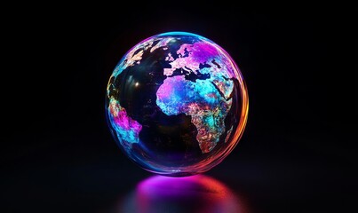 Neon-glowing Earth in a glass sphere, holographic effect. AI generated illustration