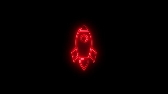 Neon glowing rocket icon animation. Glowing neon spacecraft sign symbol. Space exploration, startup launch, product promotion, innovation concept.