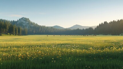 Fototapeta premium A serene landscape featuring a grassy field, mountains, and a herd of cattle in the distance.