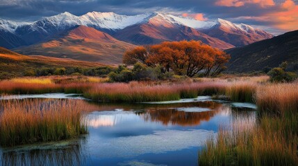 Serene landscape with mountains, a reflective pond, and vibrant autumn foliage at sunset.