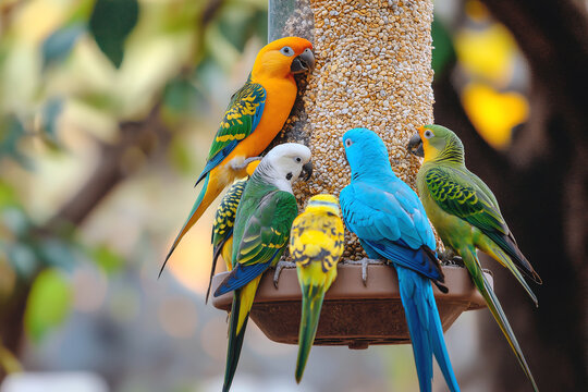 Exotic birds like parrots and parakeets enjoying a variety of seeds and grains in an intricate bird feeder.