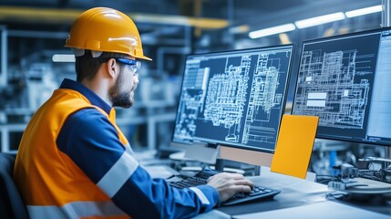 Engineer reviewing technical schematics in a factory at night while working on a computer monitor