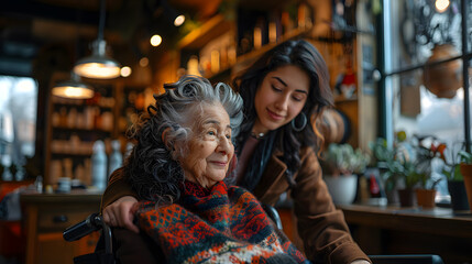 Fototapeta premium Young girl hairdresser styling elderly woman’s hair in cozy, well-lit salon with warm decor on a serene afternoon