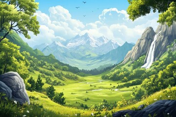 Lush Green Valley with Majestic Mountains and a Waterfall