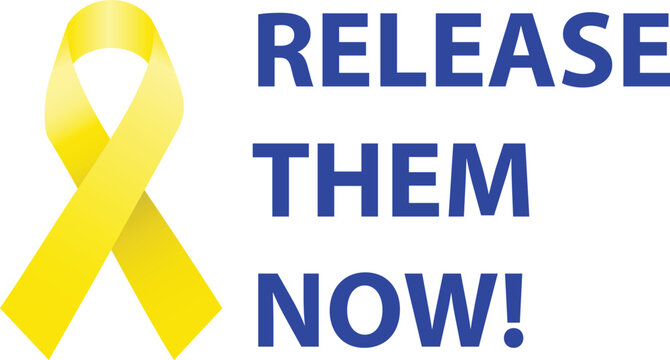 RELEASE THEM NOW! text with Yellow Ribbon awareness a symbol for the fight to return hostages held by Hamas in Gaza