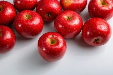 Shiny Red Apples, fresh glistening fruits on white background, arranged closely with vibrant colors and smooth surfaces.