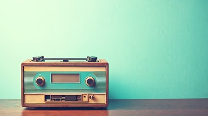 Fototapeta premium Vintage Turntable Radio on Teal Wall, Retro Technology