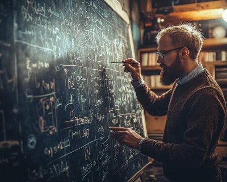 A mathematician writes complex interrelated equations on the board, trying to find a solution to a complex problem