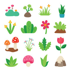 Simple Vector Icons of Grass Rocks Flowers Cacti and Mushrooms Pastel Cartoon Style Flat Design
