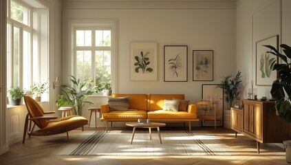 Fototapeta premium Elegant Minimalist Living Room with Yellow Sofa and Plants