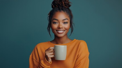 beautiful black woman holding coffee mug, smiling and looking at camera