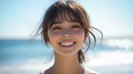 Beautiful Japanese woman with bangs, smiling at the camera on a beach in California, wearing a white tank top on a sunny summer day with a clear sky