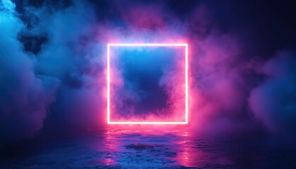 Neon Pink and Blue Square in Misty Environment