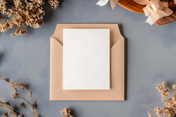 Blank greeting card invitation Mockup 5x7 on envelope with dry flowers and ribbon on paper background, flat lay, mockup