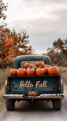 Hello Fall on the back of old vintage pickup truck filled with pumpkins. Fall harvest concept.