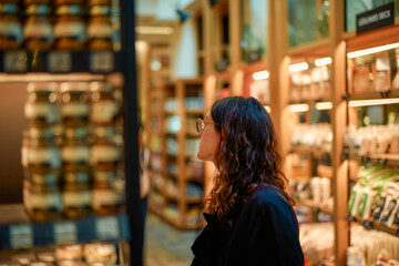 Woman in glasses browsing products on shelves inside a cozy retail store.