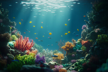 Underwater Coral Reef – vibrant coral with fish swimming in the background, soft light filtering from above