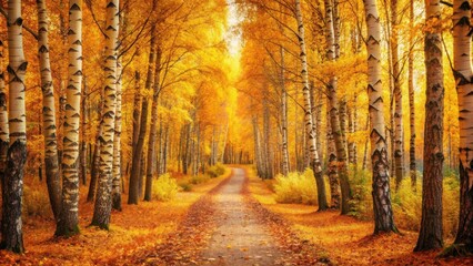 Fototapeta premium Golden Autumn Path Through Enchanting Birch Forest Surrounded by Vibrant Foliage