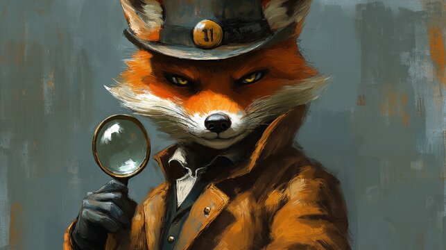 A sly fox detective with a magnifying glass and a top hat.