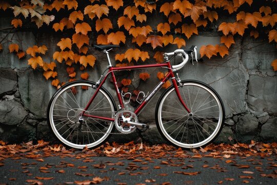 Rustic Bicycle Against Brick Wall With Autumn Leaves