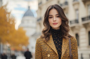Fototapeta premium Young woman in vintage-style attire walking on a city street during autumn