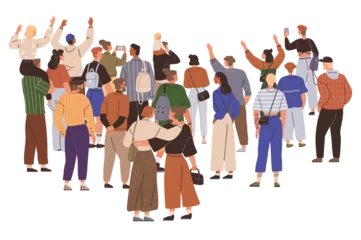 A group of diverse individuals seen from behind, engaging in social activities such as taking photos, talking, and waving. Ideal for lifestyle community events social gatherings modern society urban © robu_s